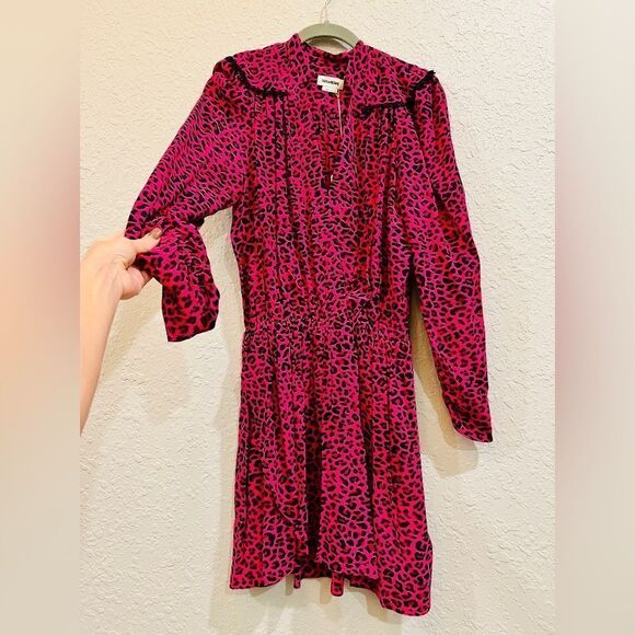 ZADIG & VOLTAIRE Reveal Leopard Print 3/4 Sleeve Mini Dress Fuchsia - Picture 5 of 9